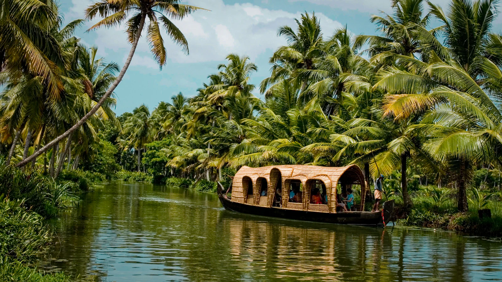 Calm backwaters lined with palm trees (Kerala, India).